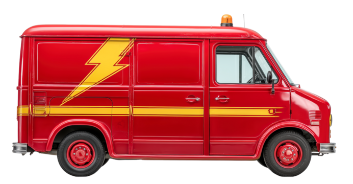 Red delivery van lightning bolt graphic vintage utility vehicle side view glossy paint emergency beacon retro design isolated transportation courier service, isolated - Powered by Adobe
