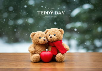 Two Teddy Bears Embrace with Red Heart and Snowfall Background for Teddy Day couple love