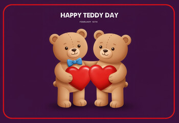 Two teddy bears holding red hearts on a purple background love couple