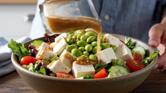Fresh salad bowl with tofu edamame and vegetables close up