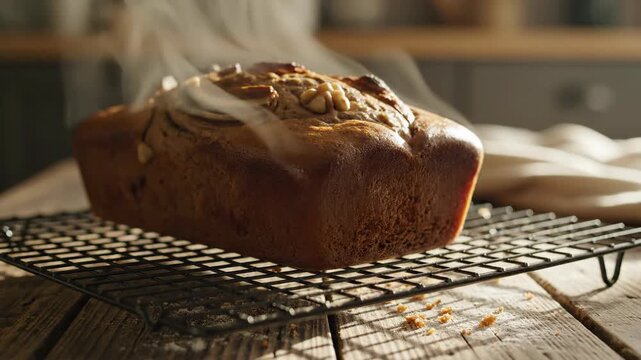 Freshly baked bread cooling on a rack with steam rising
