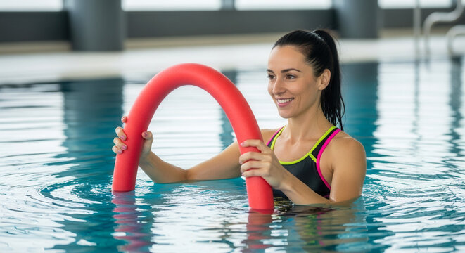 Caucasian female fitness instructor holding red pool noodle in indoor swimming pool, aquafitness and exercise training