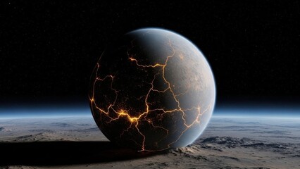 Dramatic view of a cracked planet with glowing fissures in space.
