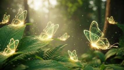 Enchanting Glow - Luminous Butterflies Dance in a Lush Forest.