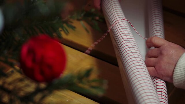 Hands with Christmas gift wrapping ribbon and string view through Christmas tree