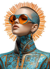 Futuristic fashion cyberpunk avant garde bold accessories orange sunglasses shaved head neon blue ornate jacket metallic detail edgy style radiates cool confidence with celestial aura, isolated