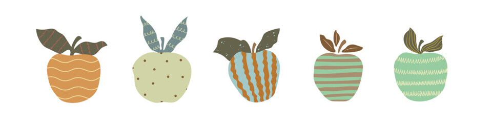 Set of five hand drawn abstract apple on white background. Vetor illustration cartoon apple with lines, dots and spots.
