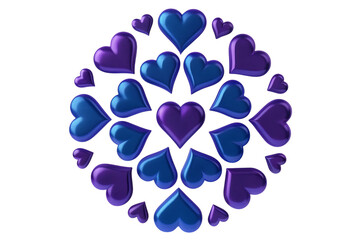 Purple and blue shiny hearts arranged in circular pattern on white isolated on a transparent background