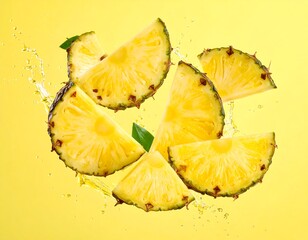 Fresh pineapple slices flying in vibrant yellow background