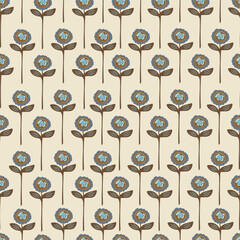 Hand drawn blue retro flowers on light background, cute flowers. Vector floral illustration.