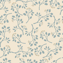 Hand drawn pattern with berries and blue leaves on light background. Vector illustration with plants. 