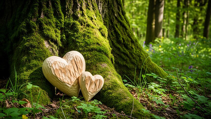 Wooden hearts in mossy forest