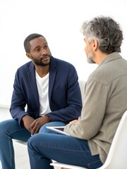 Professional counseling session between two individuals in a modern office setting, highlighting active listening, empathy, and interpersonal communication skills