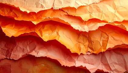 Abstract torn paper layers in warm orange, peach, and cream tones, textured edges, artistic composition.