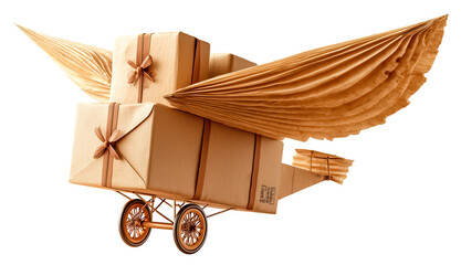 Flying cardboard box paper wings package delivery whimsical craft parcel wheels creative sculpture brown paper eco design handmade art surreal transport. Flying cardboard box with paper, isolated