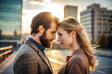   Two people standing close with foreheads touching in warm sunset light, expressing emotional intimacy and connection in a modern urban outdoor setting