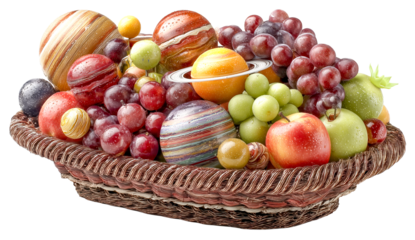 Fruit basket mixed fruit planets grapes apple pear orange kiwi plum water drops delight with surreal whimsy and cosmic wonder woven wicker tray vibrant colors juicy shine fantasy fusion, isolated