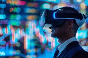 Businessman exploring metaverse financial data using vr headset