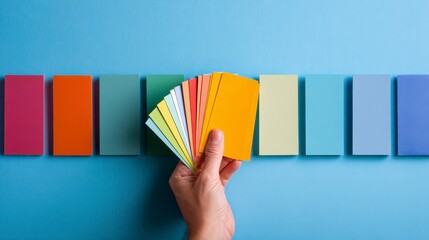 A hand holds a colorful fan of swatches, contrasting against a row of rectangular hues on a vibrant blue backdrop