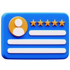 3D Illustration of blue user profile card with five stars, customer feedback, review, rating, testimonial, good service, user interface, isolated