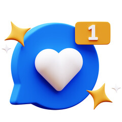 3D Illustration of blue speech bubble with white heart inside, yellow notification icon with number 1 and stars around it. Social media like concept