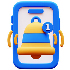 3D Illustration of Smartphone with Notification Bell, indicating a new message or alert. Blue and yellow design, app interface, ui element.