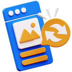 3D Illustration of Mobile App with Sync Icon, representing data synchronization, file transfer, or application update. Modern, vibrant, and user-friendly design.