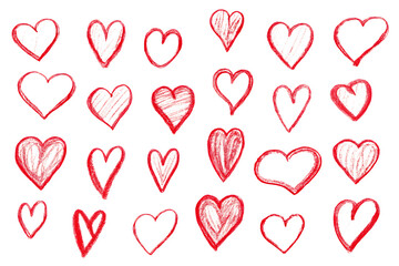 Red and white hand drawn hearts on white background isolated on a transparent background black