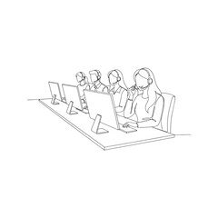 Continuous line drawing of call center agents working at computers, vector illustration of customer support team wearing headsets in minimalist style
