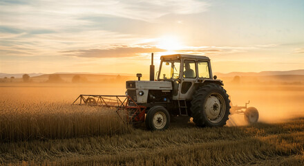 Fototapeta premium Vintage Tractor Harvesting Wheat in a Golden Field at Sunset with Dust