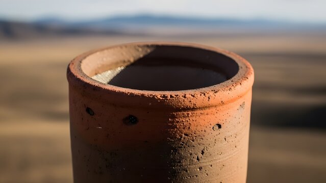Weathered terracotta pipe filled with sand in a dry desert landscape