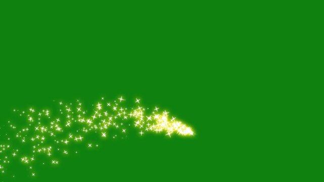 Golden Stars Trail Moving Left to Right Curve with Twinkling Particles on green screen. Magic glitter sparkle trail Flying , Gold Dust Glowing 3d Animation, golden glowing starlight glitter path