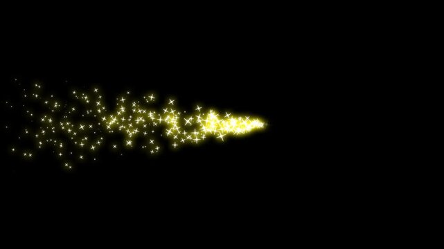 Golden Stars Trail Moving Left to Right Curve with Twinkling Particles. Magic glitter sparkle trail Flying on Black screen, Gold Dust Glowing 3d Animation, golden glowing starlight glitter path