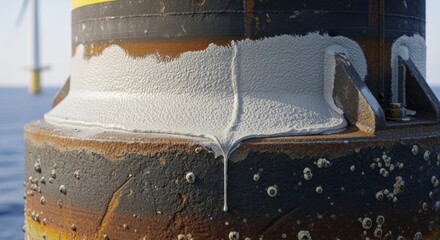Detailed inspection of offshore wind turbine monopile grout collars showing freshly applied grout bonding with the steel surface.