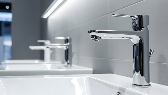Row of modern chrome and white bathroom faucets on display in a retail showroom, elegant designer hardware for home renovation and luxury interior plumbing design.