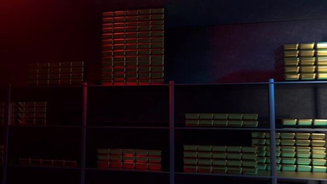 Generic gold reserve vault with stacks of gold bars. Bank vault with gold and cash. 3d rendering