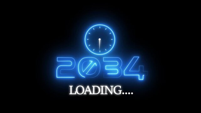 New year 2034 loading animation. Neon new year text animation. New year timer clock icon animation. New year  2034 loading concept. Loading bar from 2034 new year transfer animation.4k video 