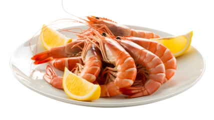 Plump cooked pink prawns arranged artfully on a white dish with bright yellow lemon wedges on transparent background