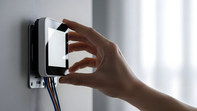 Technician installing a modern smart home thermostat on a wall, connecting colorful electrical wires to a digital touchscreen climate control interface for HVAC system.