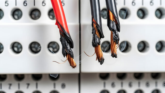 Close up of burnt and melted electrical copper wires with smoke, damaged insulation due to short circuit or power overload on a white breaker panel, fire hazard concept.
