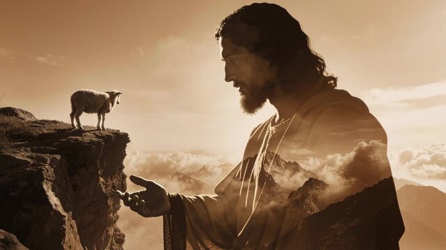AI genereted video of Shepherd Jesus Christ reaching hand to lost sheep on a cliff. Christian religious concept of salvation, rescue and mercy