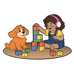 Little Girl Playing with Blocks With Her Dog &ndash; Cute Children&rsquo;s Illustration