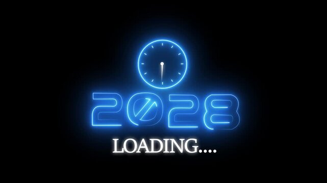 New year 2028 loading animation. Neon new year text animation. New year timer clock icon animation.2028 Loading Overlay with Glowing Segmented Progress Bar Text at Bottom Neon Style Background.