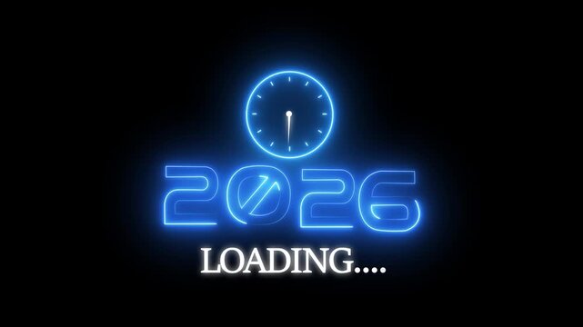 New year 2026 loading animation. Neon new year text animation. New year timer clock icon animation.2026 Loading Overlay with Glowing Segmented Progress Bar Text at Bottom Neon Style Background.