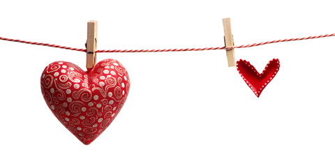 Red hearts hanging on a clothesline with clothespins  isolated on a transparent background.PNG.AI GENERATED