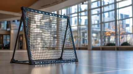 Medium shot of a customizable rebound net with adjustable height and tension designed to enhance varied racket sport drills in a modern training environment.