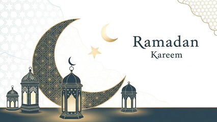 Ramadan kareem greeting card with crescent moon and lanterns