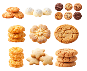 A variety of cookies including round, star, and flower shapes with different textures and toppings, isolated on white background.