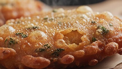 Closeup view of a delicious goldenbrown fritter sizzling and bubbling in hot oil showcasing the crispy texture and fresh herbs during the deepfrying process perfect for culinary and food preparation .