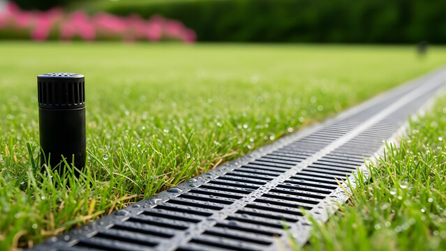 Residential backyard drainage system installation with black downspout and perforated corrugated pipe in dirt trench. Home foundation waterproofing and landscape water management solutions